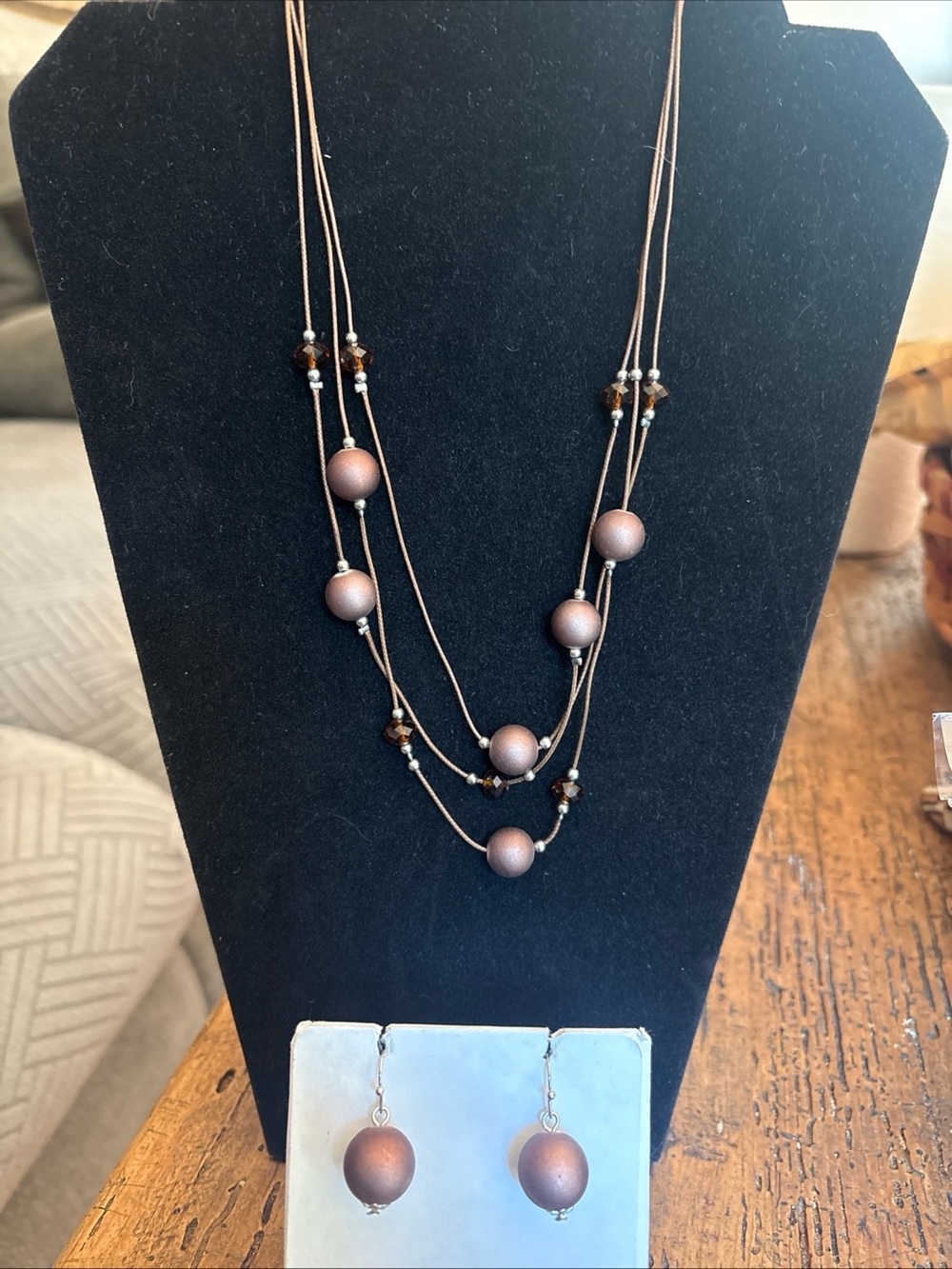 Elegant Brown Multi-Strand Beaded Necklace & Earrings Set